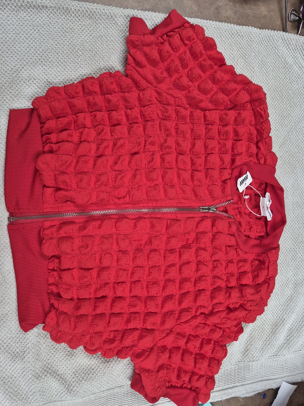 Women's Red Textured Bomber Jacket with Zip Front